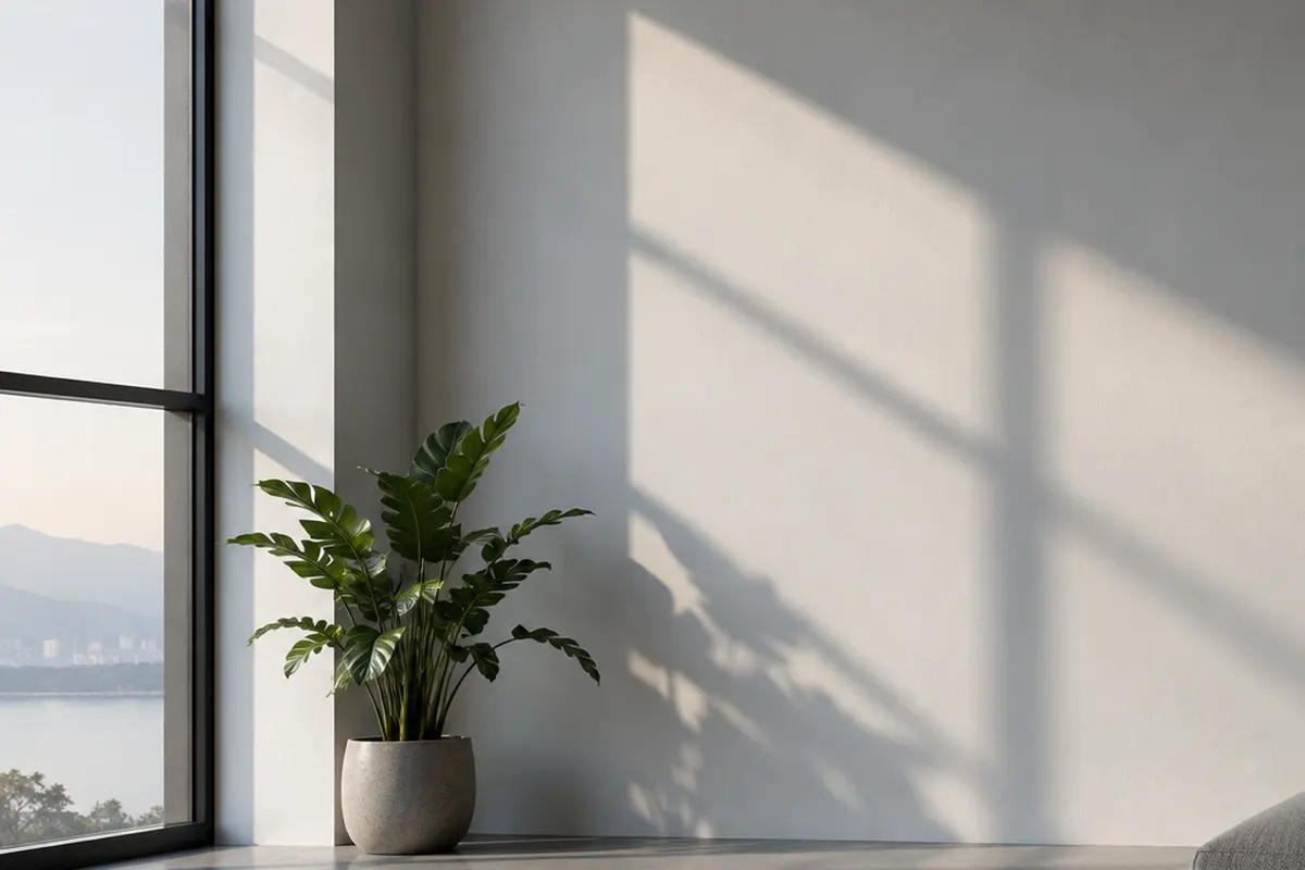 Morning light through a window across a plain wall
